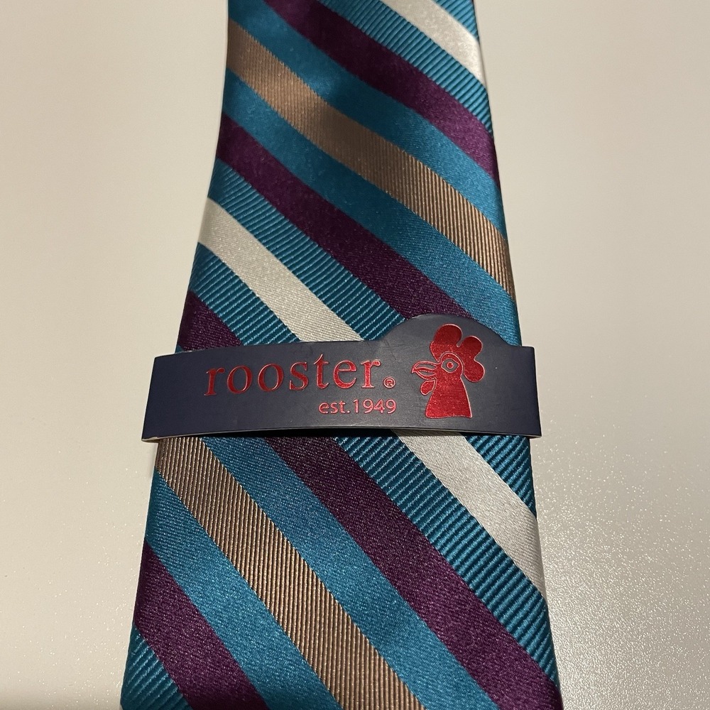 NWT Rooster Men's Striped Tie Blue, Purple,White, Tan